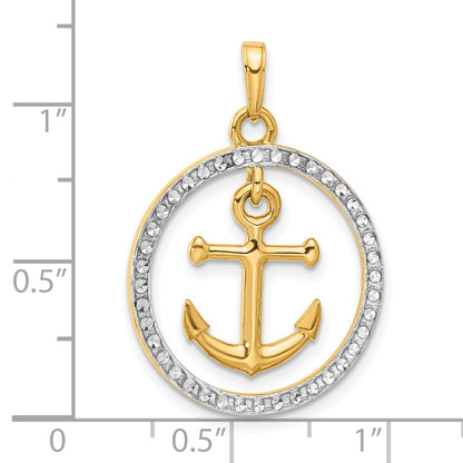 14k and White Rhodium Diamond-cut Anchor Dangle in Circle Pendant