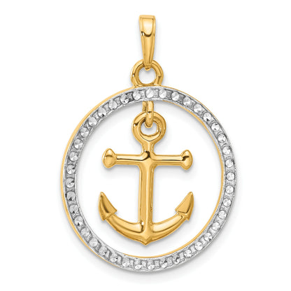 14k and White Rhodium Diamond-cut Anchor Dangle in Circle Pendant