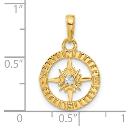 14k and White Rhodium Diamond-cut Compass Pendant