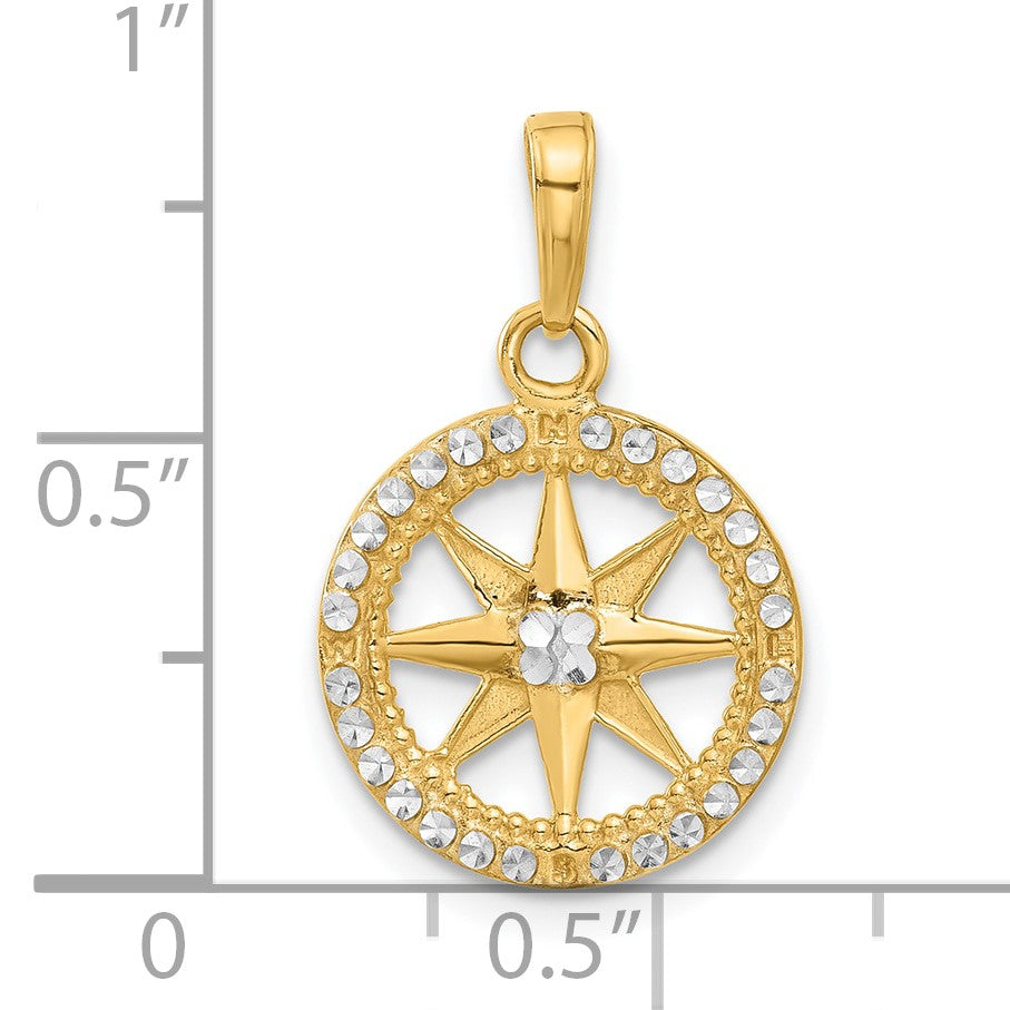 14k and White Rhodium Diamond-cut Compass Pendant