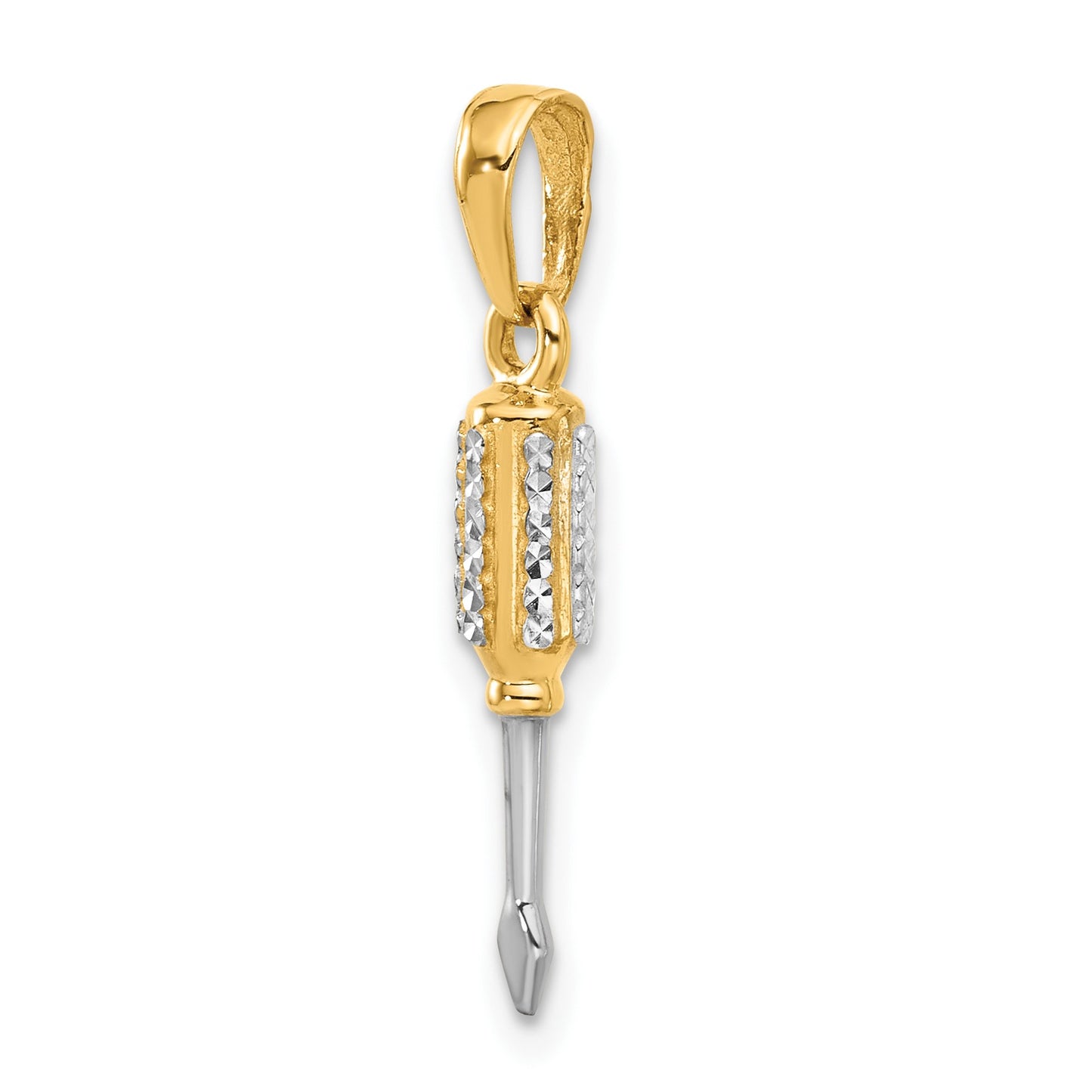 14K and White Rhodium Diamond-cut 3-D Flathead Screwdriver Pendant
