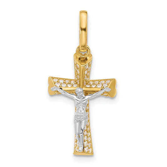 14K Two-tone Polished CZ Crucifix with Heart Ends Pendant