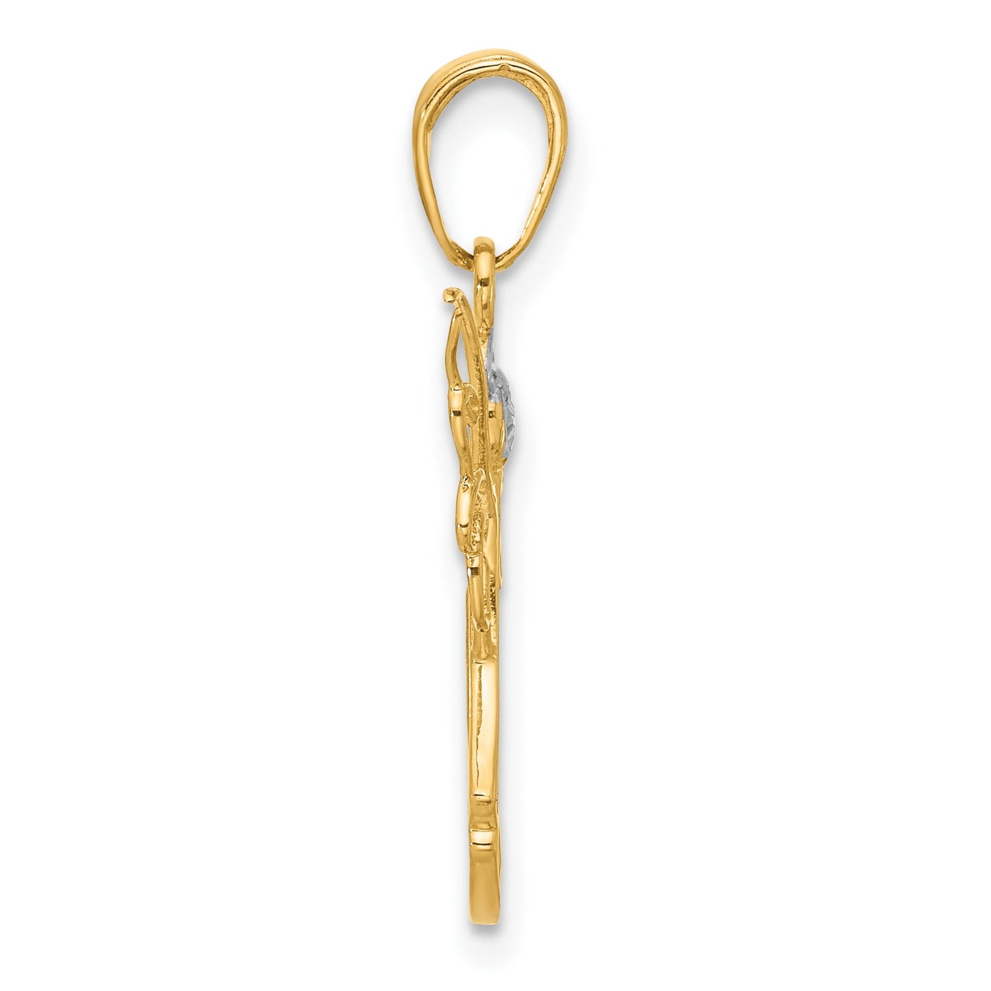 14K and White Rhodium Cut-out Diamond-cut Angel Pendant