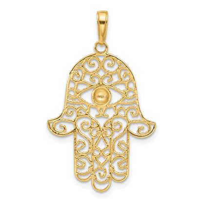 14k and White Rhodium Diamond-cut Filigree Hamsa Pendant