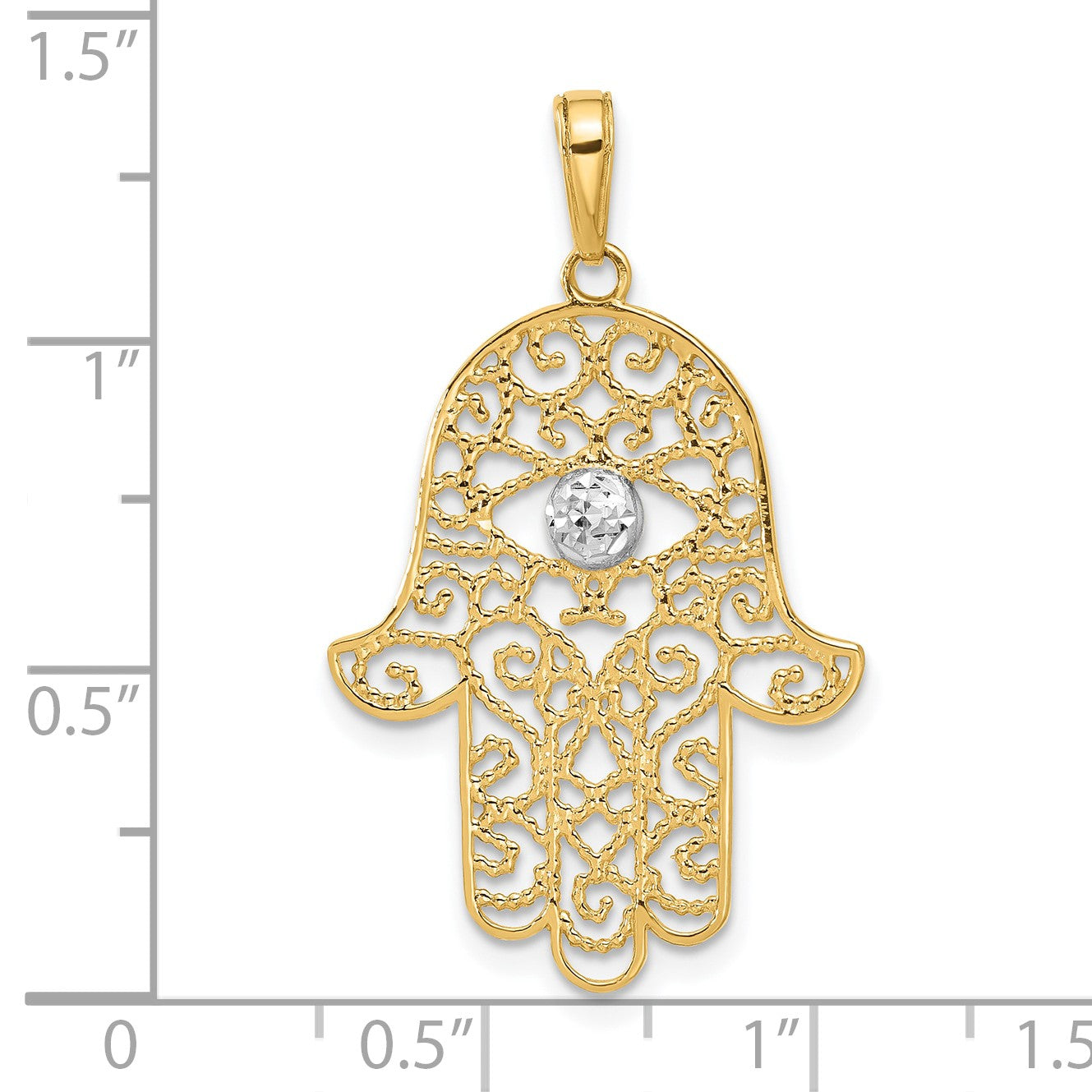 14k and White Rhodium Diamond-cut Filigree Hamsa Pendant