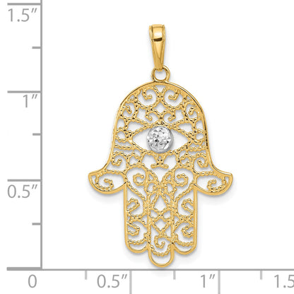 14k and White Rhodium Diamond-cut Filigree Hamsa Pendant