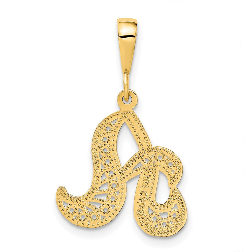 14KY Polished Script Filigree Letter A Initial Pendant