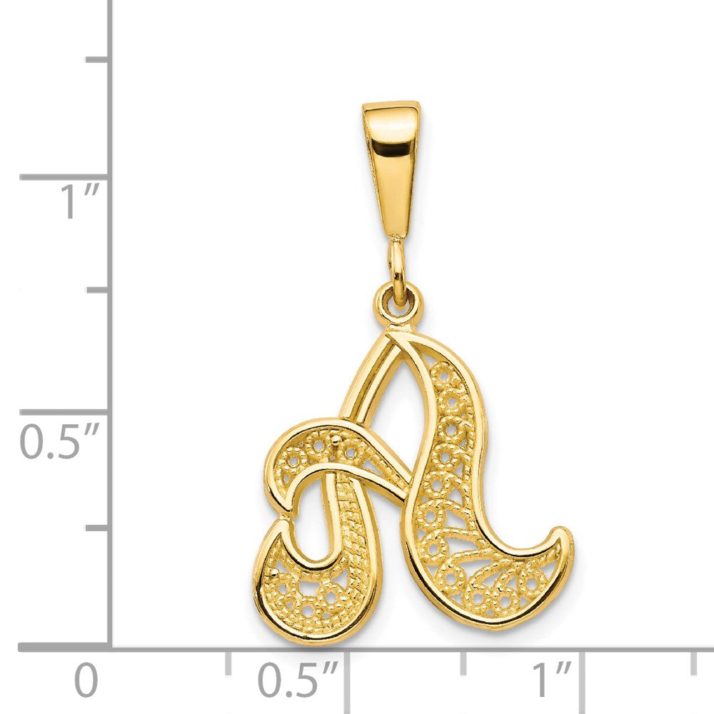 14KY Polished Script Filigree Letter A Initial Pendant