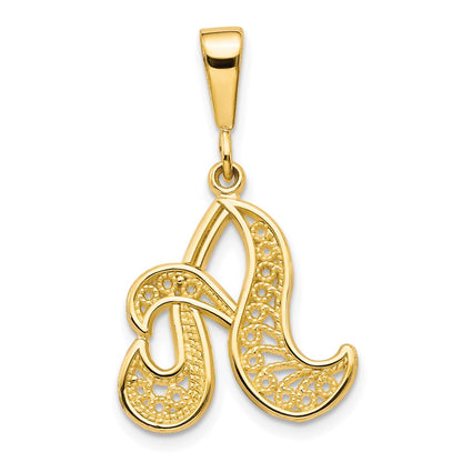 14KY Polished Script Filigree Letter A Initial Pendant