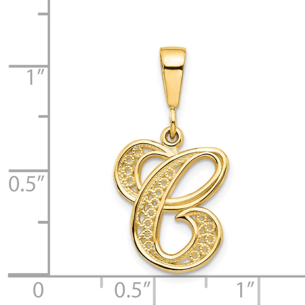 14KY Polished Script Filigree Letter C Initial Pendant