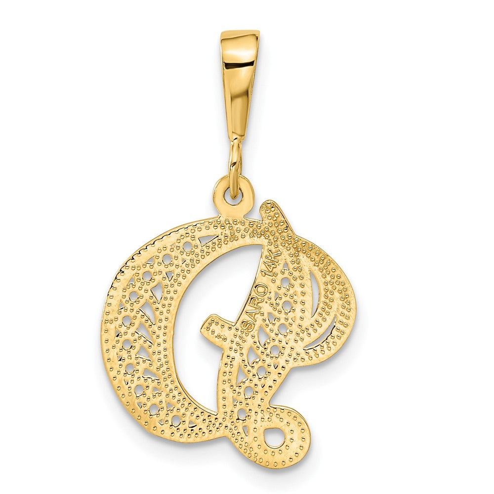 14KY Polished Script Filigree Letter D Initial Pendant