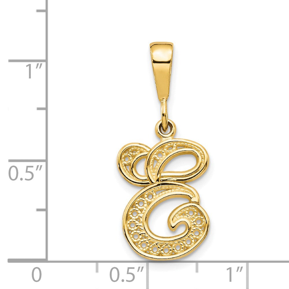 14KY Polished Script Filigree Letter E Initial Pendant