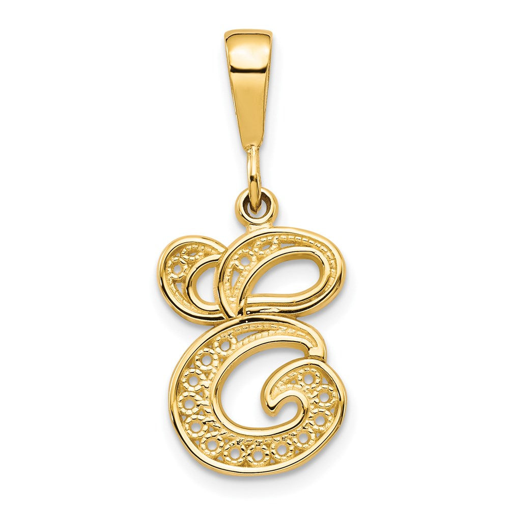 14KY Polished Script Filigree Letter E Initial Pendant