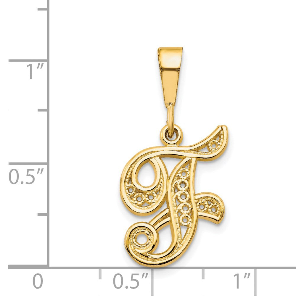 14KY Polished Script Filigree Letter F Initial Pendant