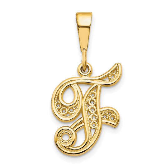 14KY Polished Script Filigree Letter F Initial Pendant