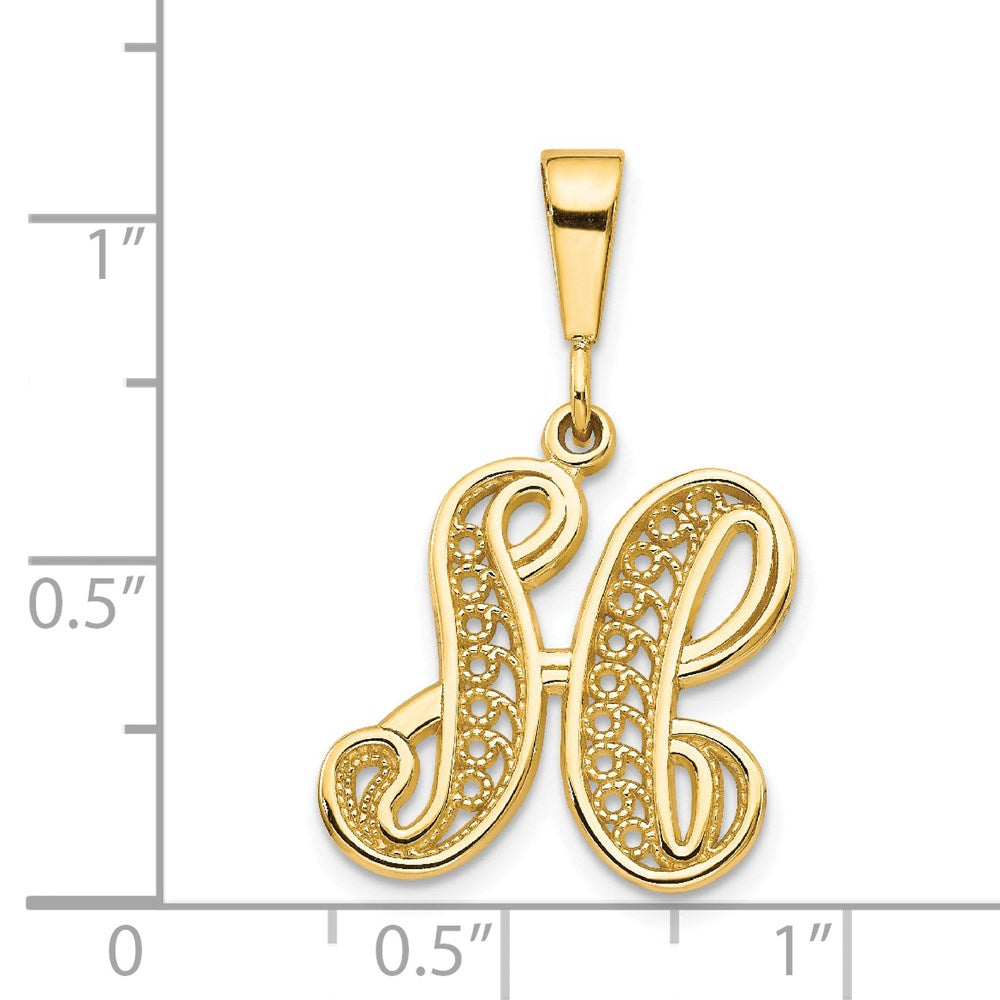 14KY Polished Script Filigree Letter H Initial Pendant