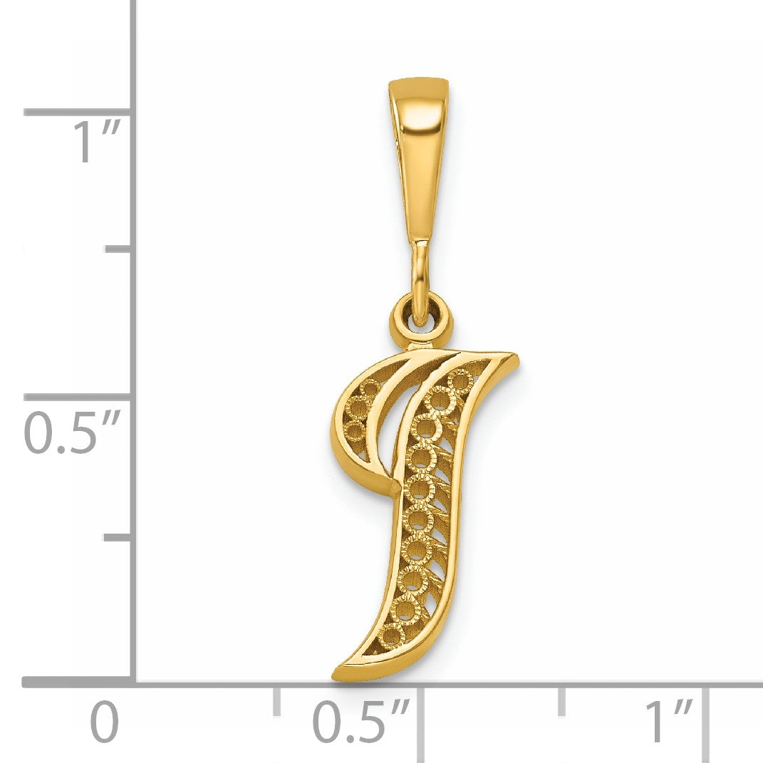 14KY Polished Script Filigree Letter I Initial Pendant