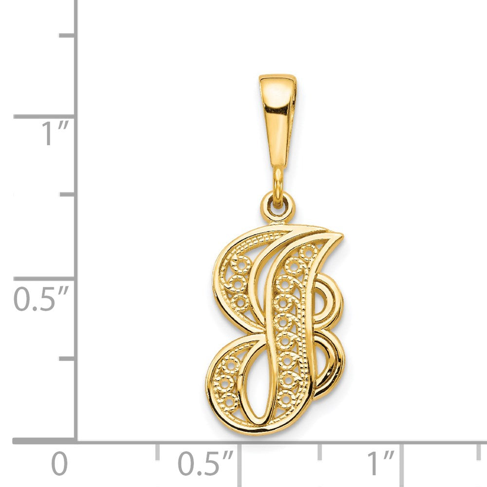 14KY Polished Script Filigree Letter J Initial Pendant