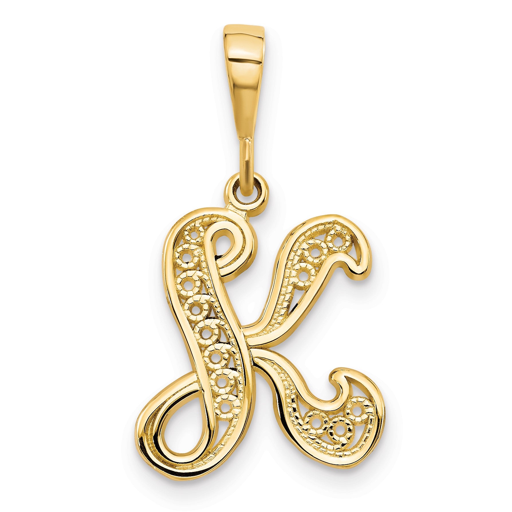 14KY Polished Script Filigree Letter K Initial Pendant