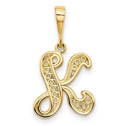 14KY Polished Script Filigree Letter K Initial Pendant