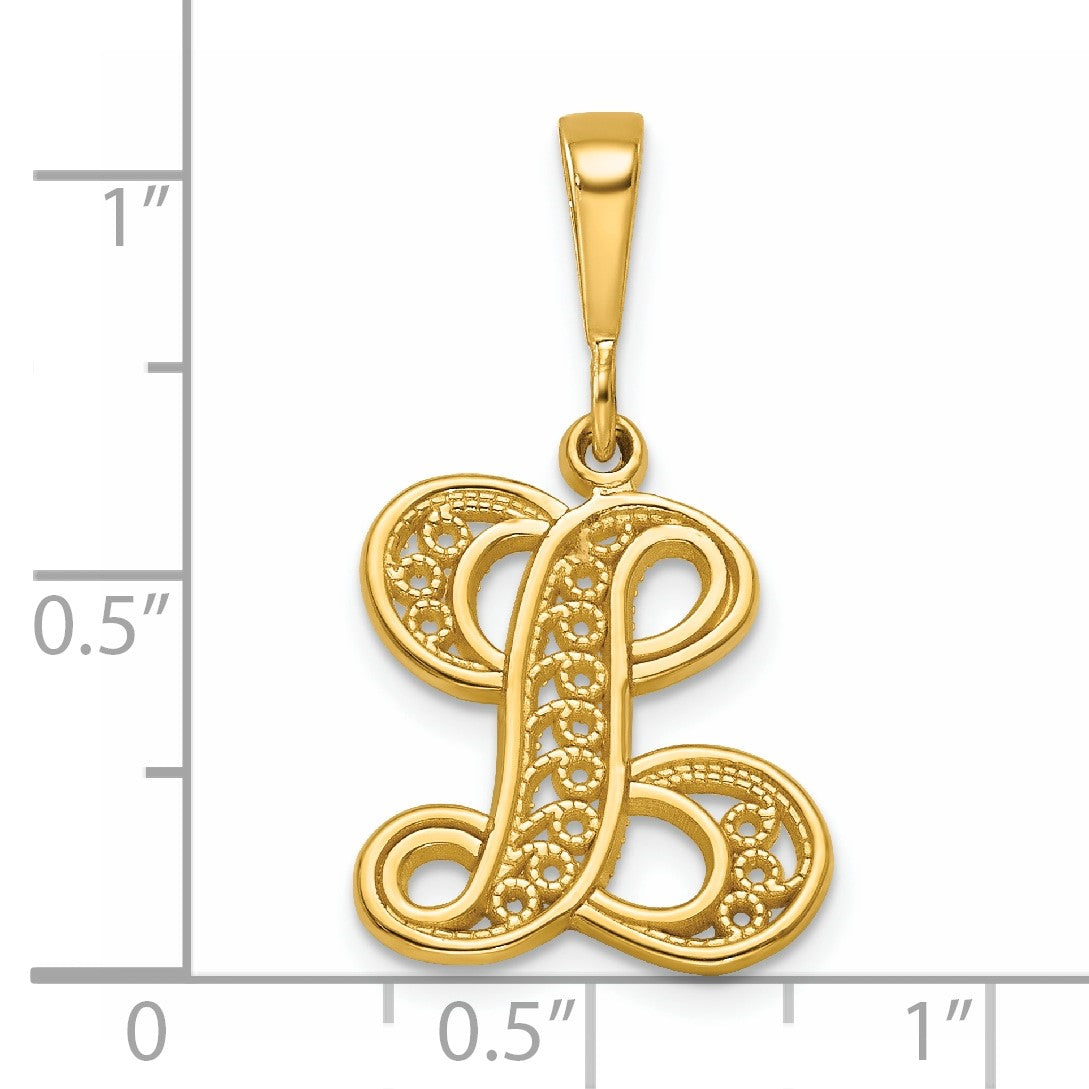14KY Polished Script Filigree Letter L Initial Pendant