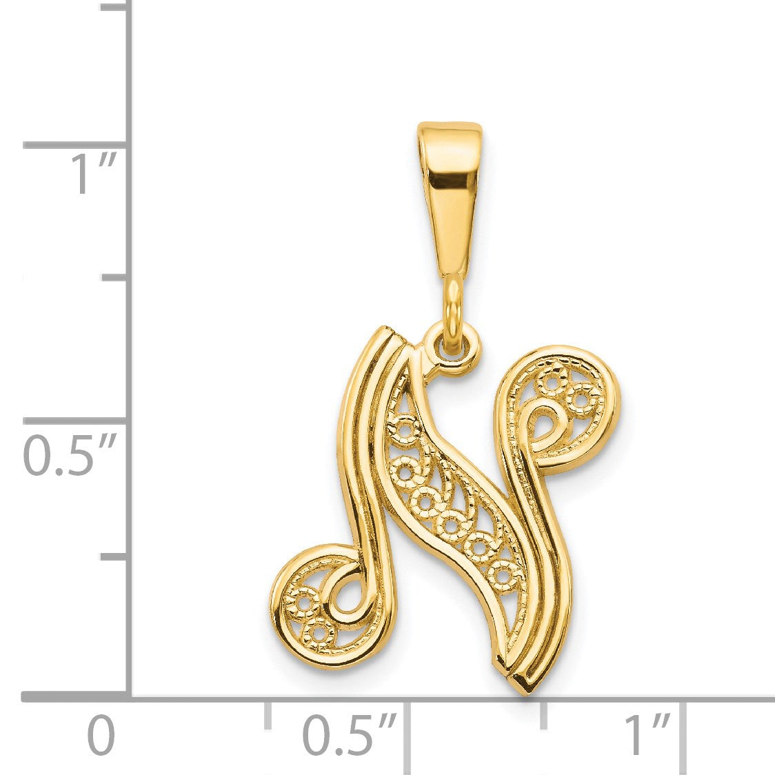 14KY Polished Script Filigree Letter N Initial Pendant