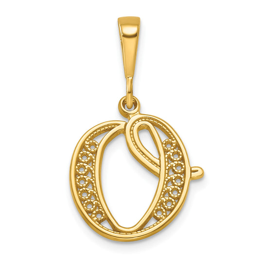 14KY Polished Script Filigree Letter O Initial Pendant