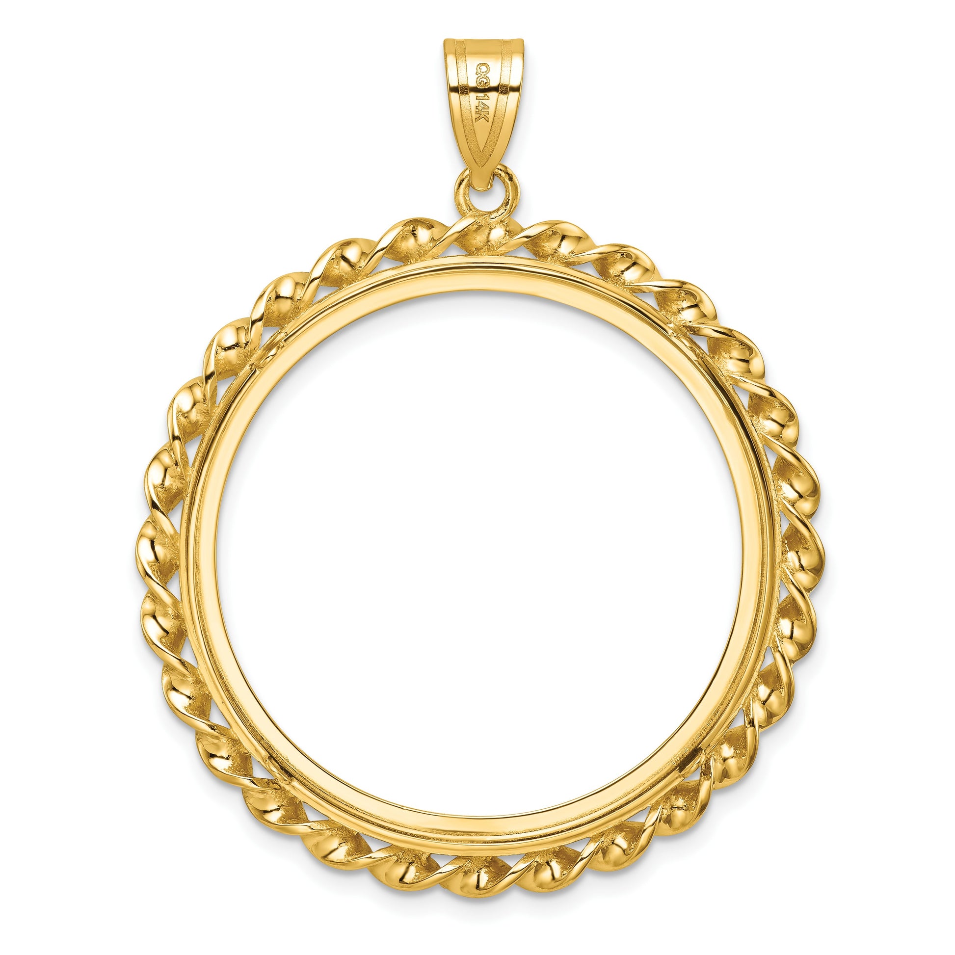 Wideband Distinguished Coin Jewelry 14k Polished Wide Twisted Wire 32.7mm Prong Coin Bezel Pendant