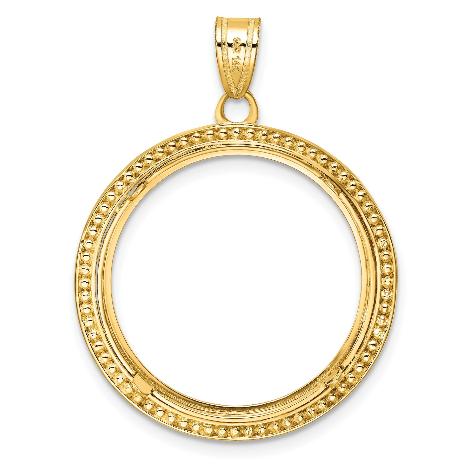 Wideband Distinguished Coin Jewelry 14k Polished Beaded and Diamond-cut 22.0mm Prong Coin Bezel Pendant