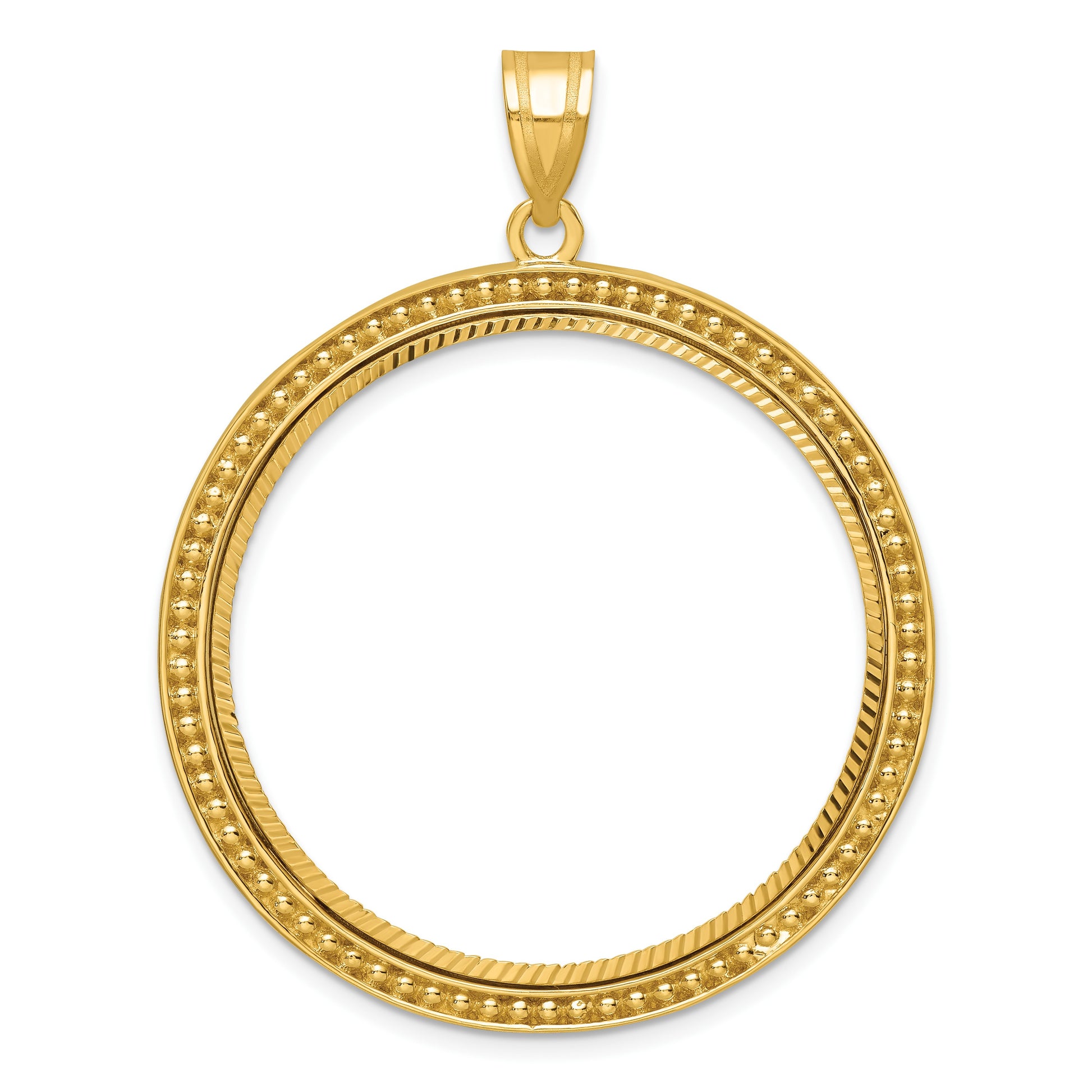 Wideband Distinguished Coin Jewelry 14k Polished Beaded and Diamond-cut 32.7mm Prong Coin Bezel Pendant