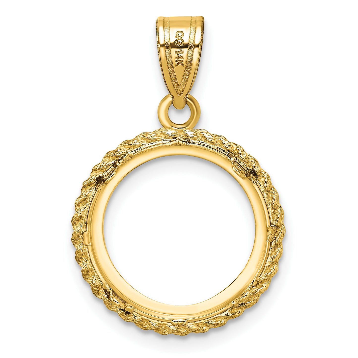 Wideband Distinguished Coin Jewelry 14k Polished and Diamond-cut with Casted Rope 14.0mm Prong Coin Bezel Pendant