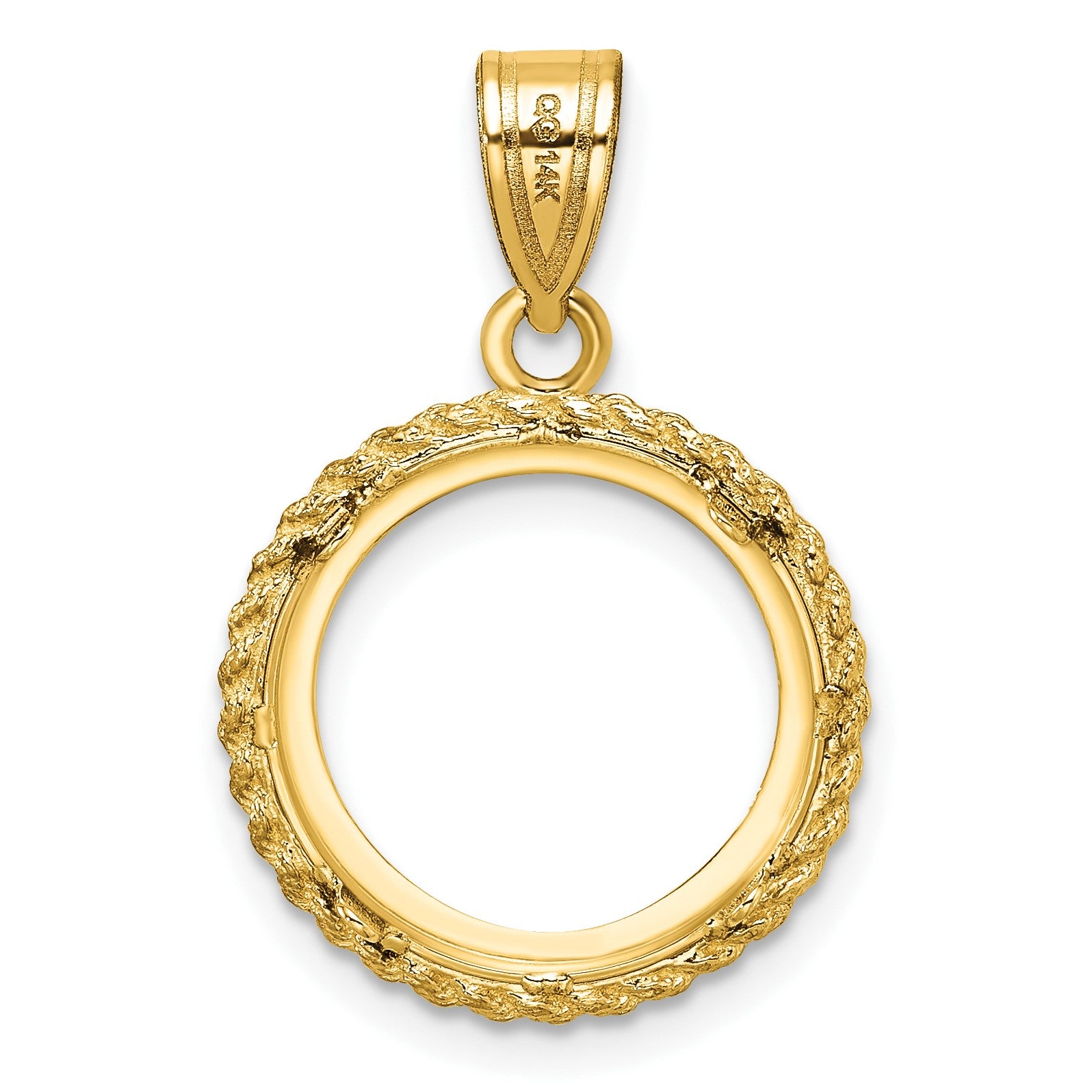 Wideband Distinguished Coin Jewelry 14k Polished and Diamond-cut with Casted Rope 14.0mm Prong Coin Bezel Pendant