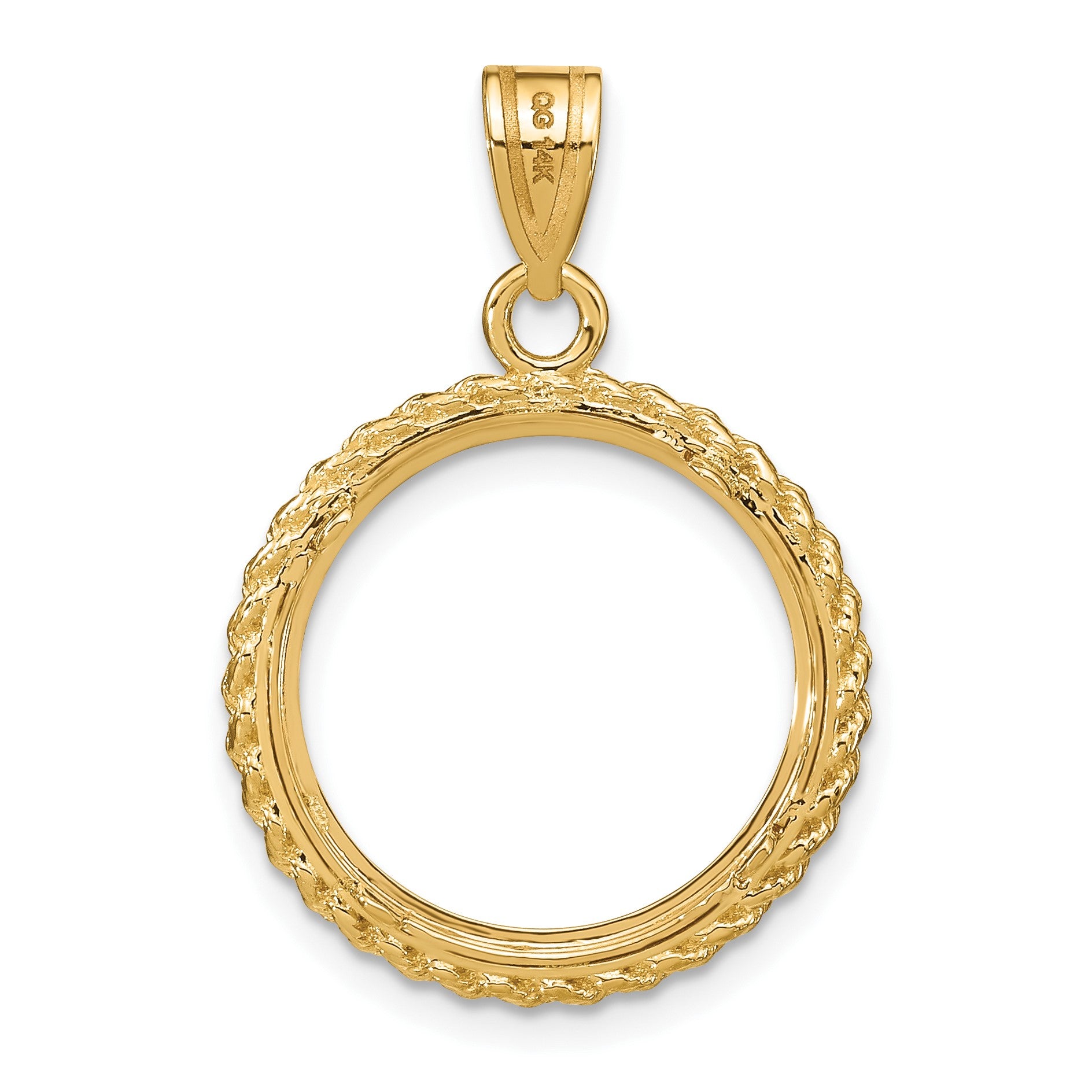 Wideband Distinguished Coin Jewelry 14k Polished and Diamond-cut with Casted Rope 16.5mm Prong Coin Bezel Pendant