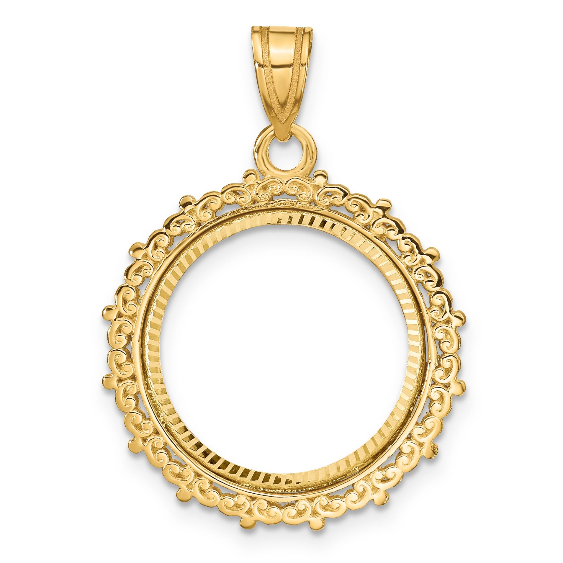 Wideband Distinguished Coin Jewelry 14k Polished and Diamond-cut Fancy 16.5mm Prong Coin Bezel Pendant