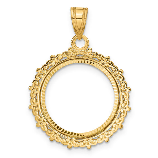 Wideband Distinguished Coin Jewelry 14k Polished and Diamond-cut Fancy 16.5mm Prong Coin Bezel Pendant