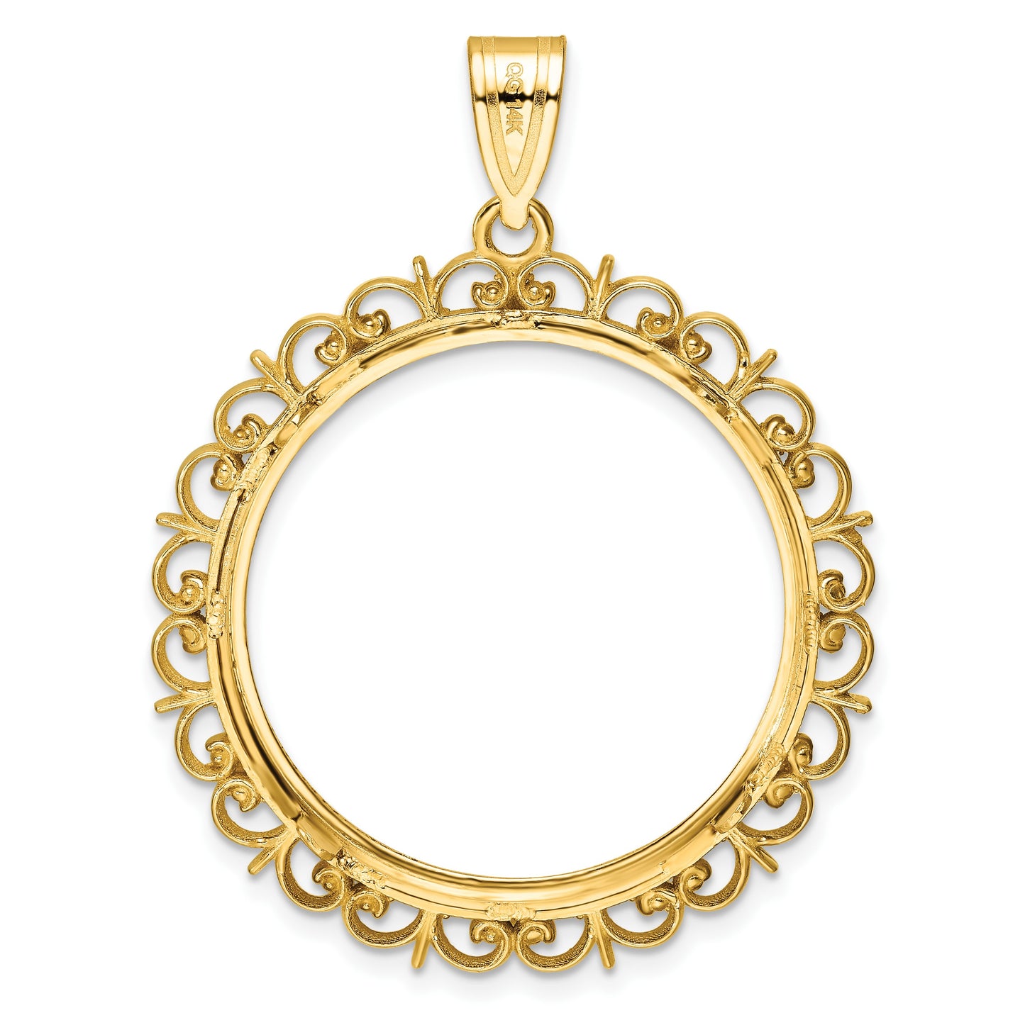 Wideband Distinguished Coin Jewelry 14k Polished and Diamond-cut Fancy 27.0mm Prong Coin Bezel Pendant