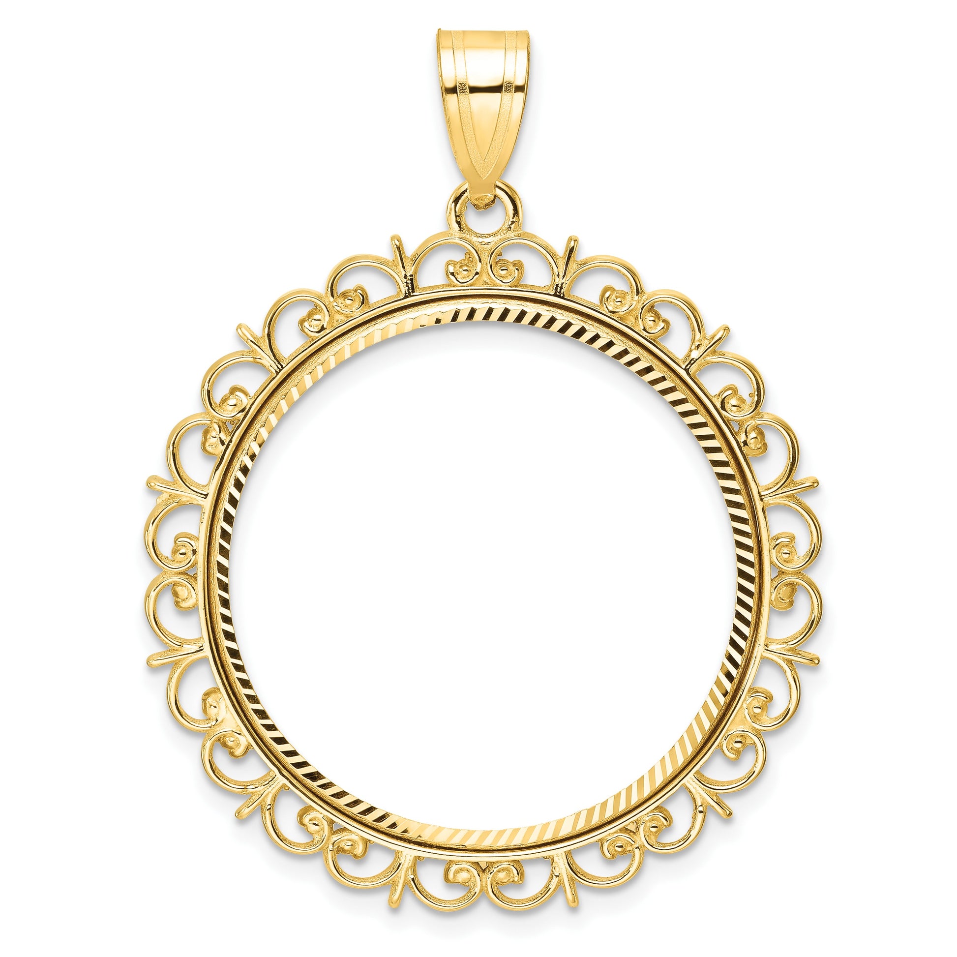 Wideband Distinguished Coin Jewelry 14k Polished and Diamond-cut Fancy 27.0mm Prong Coin Bezel Pendant