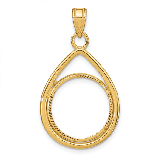 Wideband Distinguished Coin Jewelry 14k Polished and Diamond-cut Lightweight Teardrop 16.5mm Prong Coin Bezel Pendant