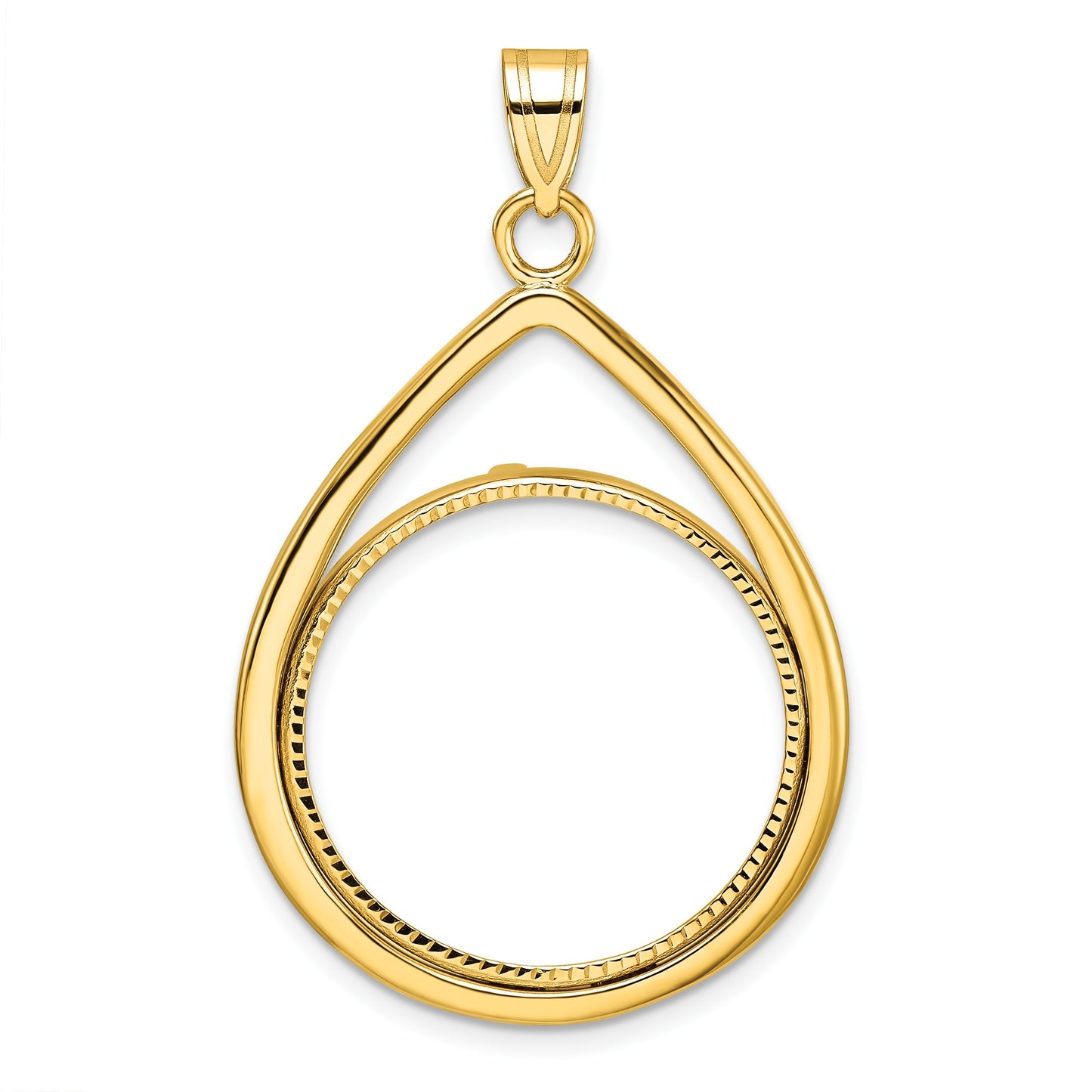 Wideband Distinguished Coin Jewelry 14k Polished and Diamond-cut Lightweight Teardrop 22.0mm Prong Coin Bezel Pendant