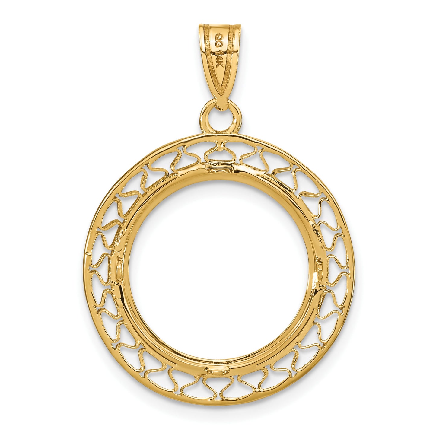 Wideband Distinguished Coin Jewelry 14k Polished and Diamond-cut Fancy Wire 16.5mm Prong Coin Bezel Pendant