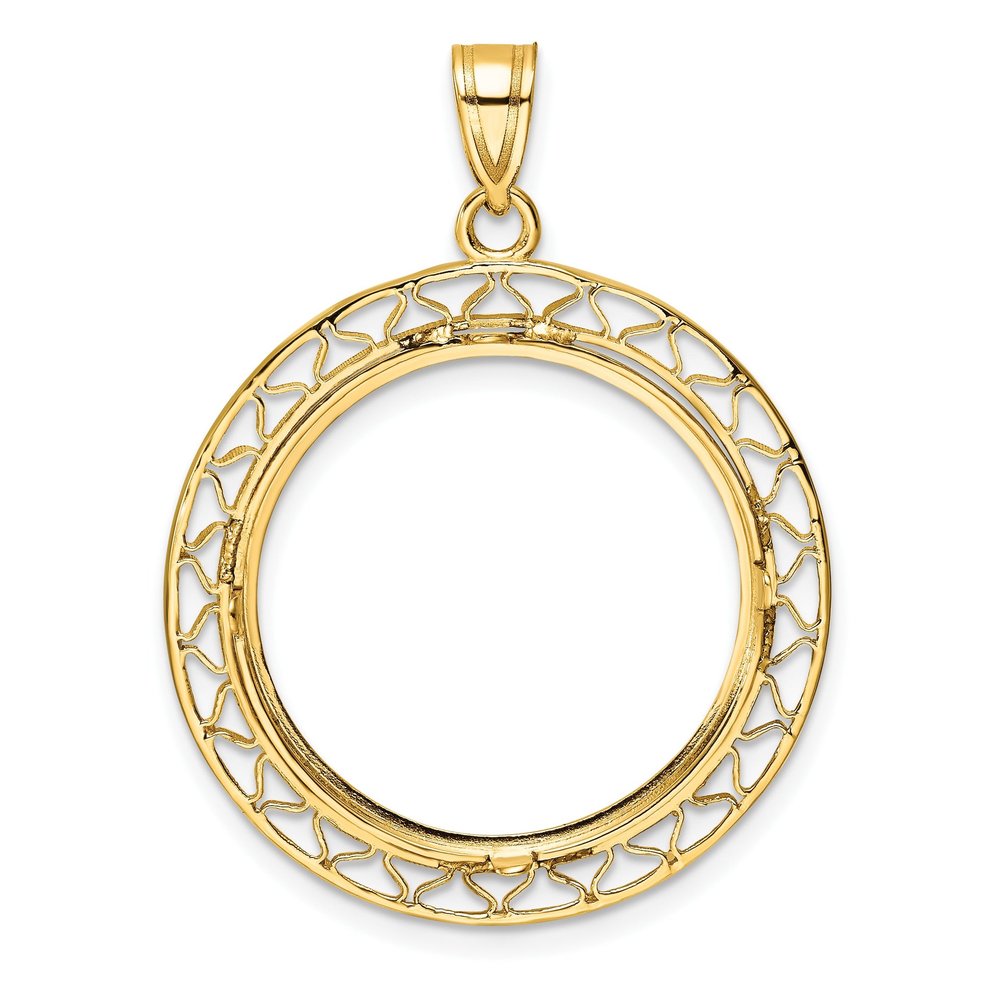 Wideband Distinguished Coin Jewelry 14k Polished and Diamond-cut Fancy Wire 22.0mm Prong Coin Bezel Pendant