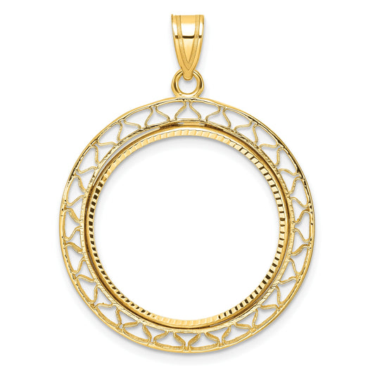 Wideband Distinguished Coin Jewelry 14k Polished and Diamond-cut Fancy Wire 22.0mm Prong Coin Bezel Pendant