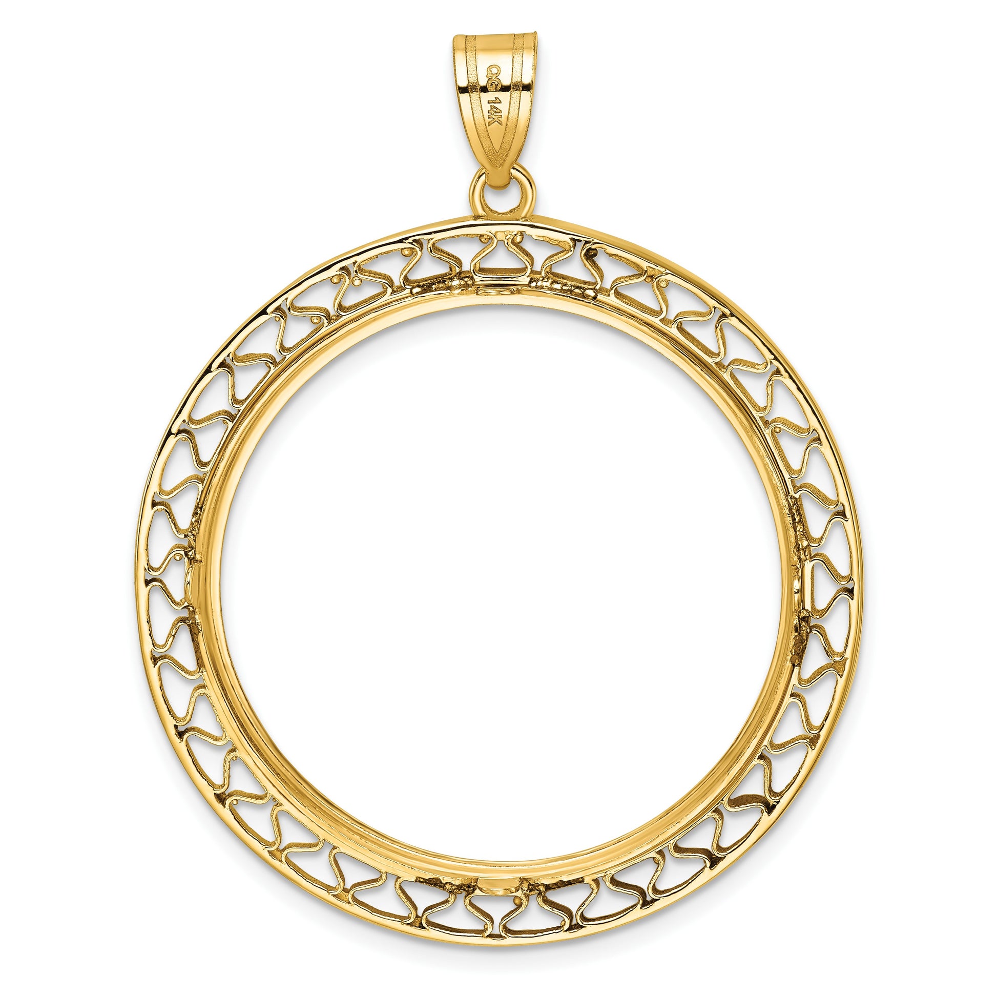 Wideband Distinguished Coin Jewelry 14k Polished and Diamond-cut Fancy Wire 32.7mm Prong Coin Bezel Pendant