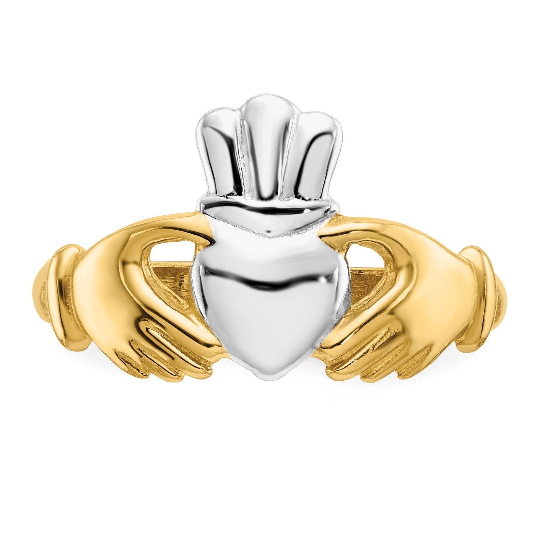 14k and White Rhodium Polished Claddagh Ring