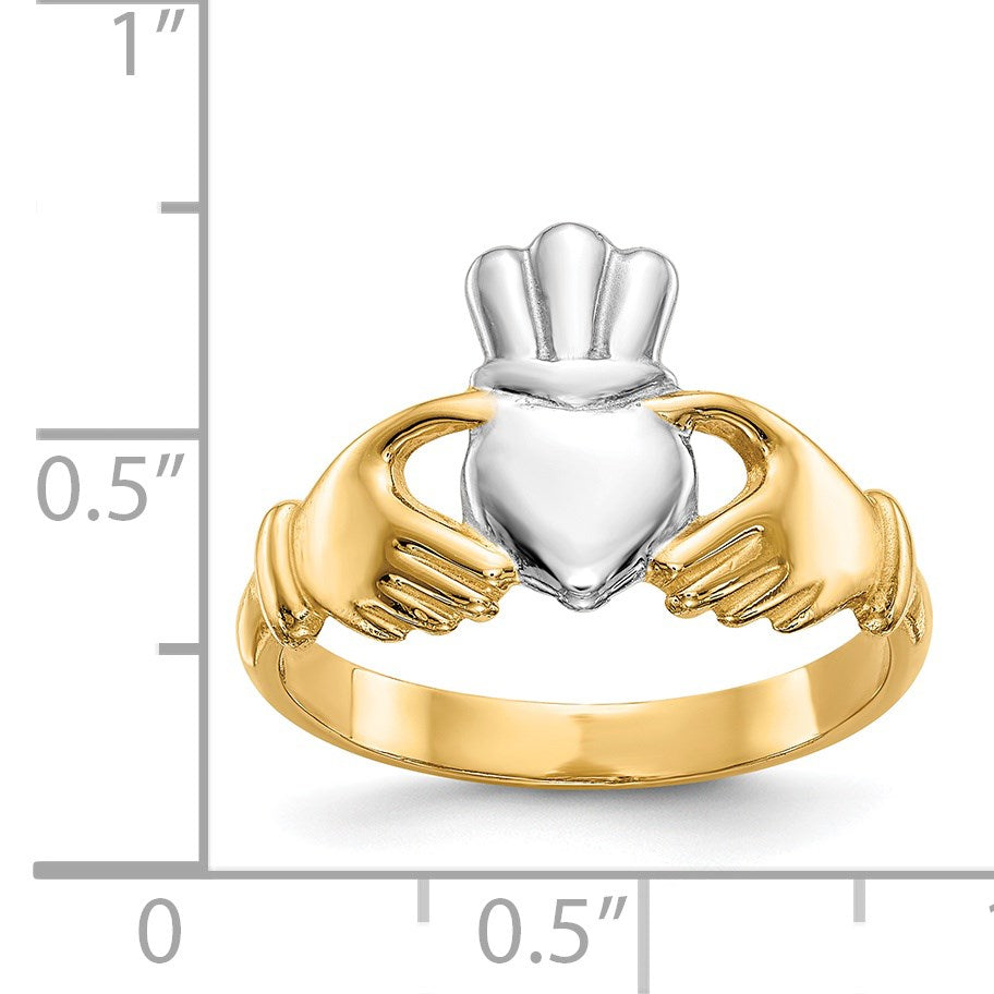 14k and White Rhodium Polished Claddagh Ring