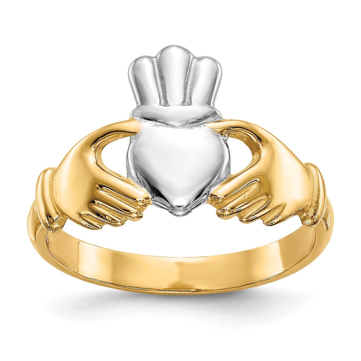 14k and White Rhodium Polished Claddagh Ring
