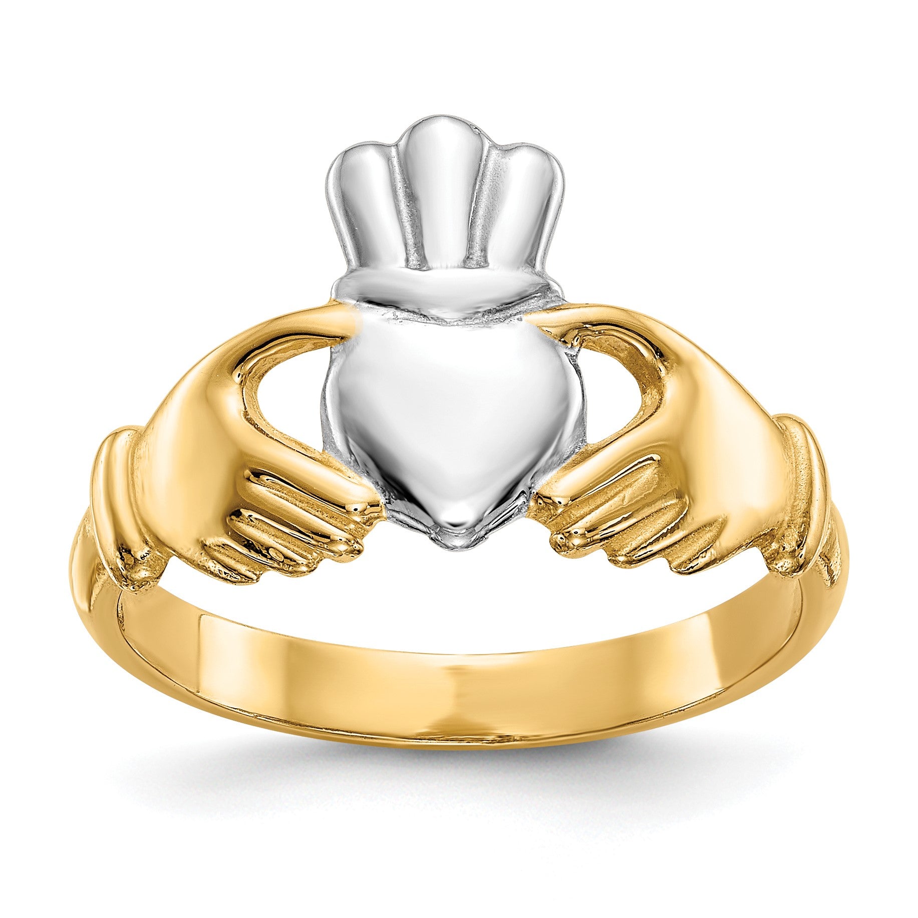 14k and White Rhodium Polished Claddagh Ring