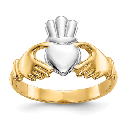14k and White Rhodium Polished Claddagh Ring