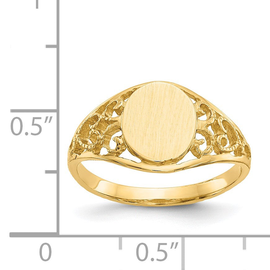 14k 7.5x8.5mm Oval Satin Open Back Filigree Signet Ring