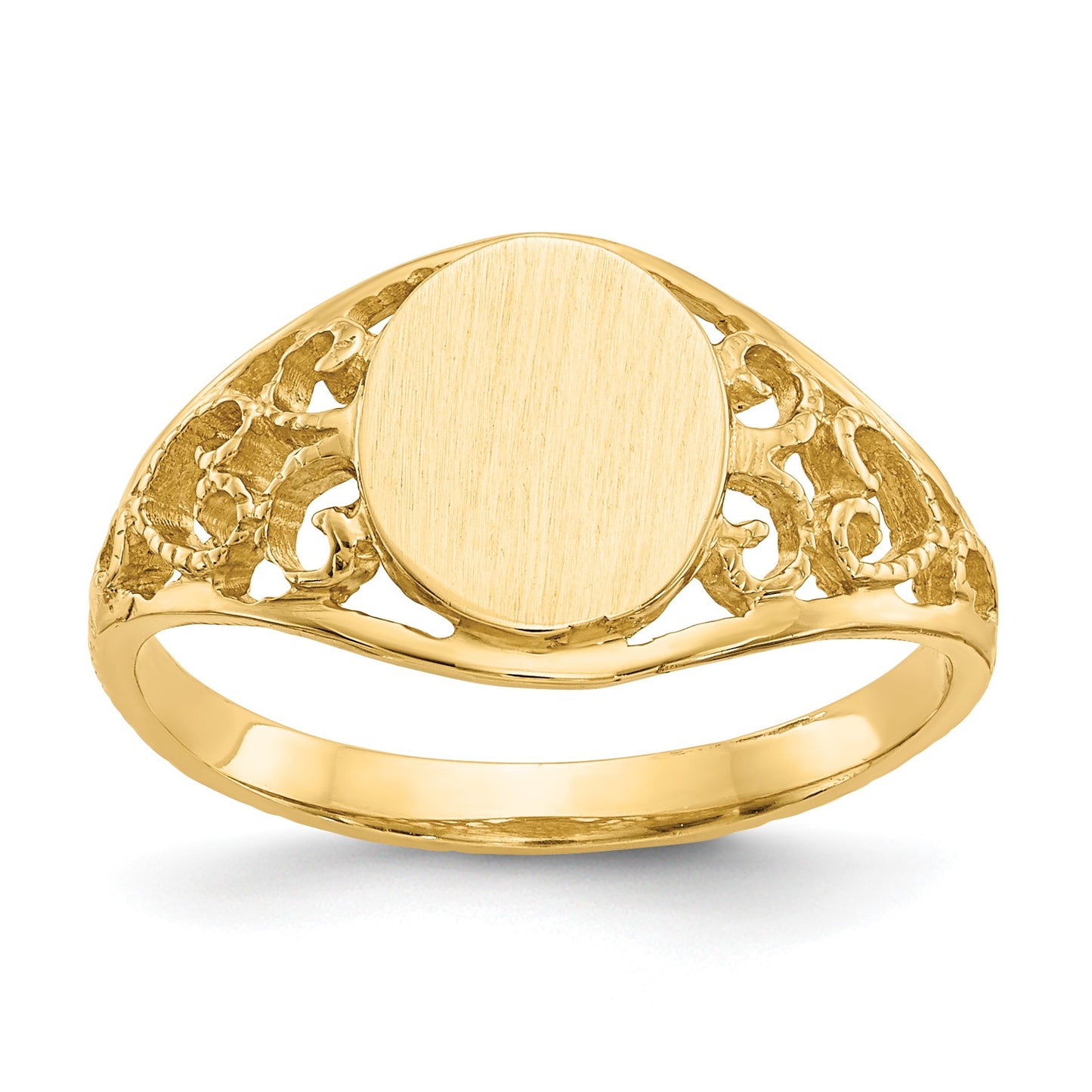 14k 7.5x8.5mm Oval Satin Open Back Filigree Signet Ring
